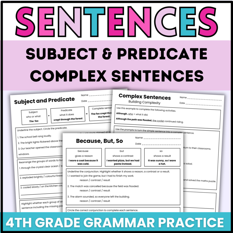 Subject and predicate, fragments, run-ons and complex sentences worksheets — view on TPT
