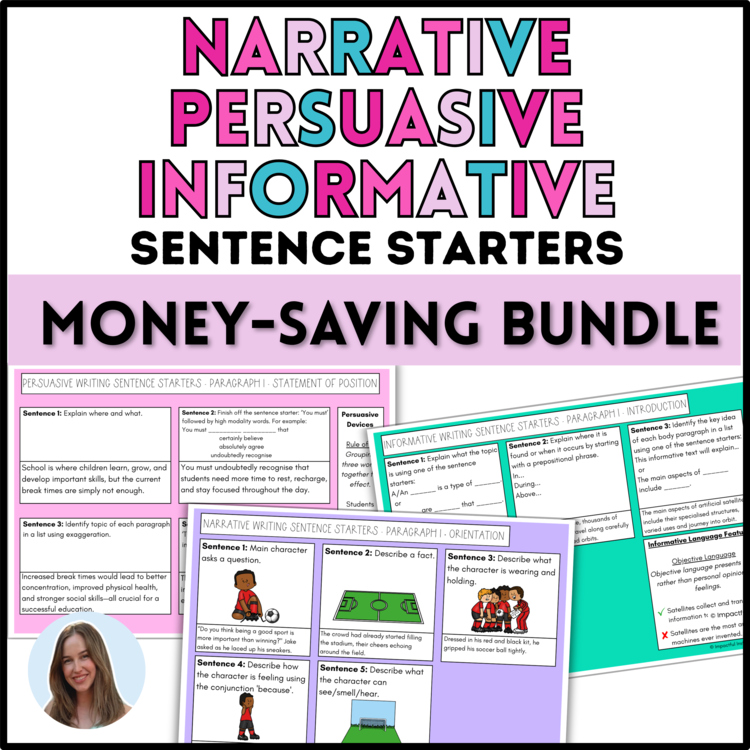 Narrative, persuasive and informative writing sentence starters bundle — view on TPT